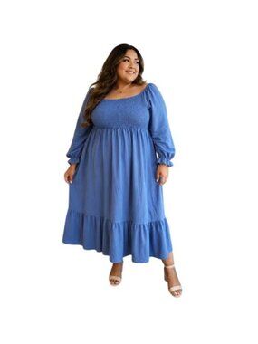 Scomchic Womens Blue Smocked Maxi Dress With Ruffle Hem & Long Sleeves 2XL